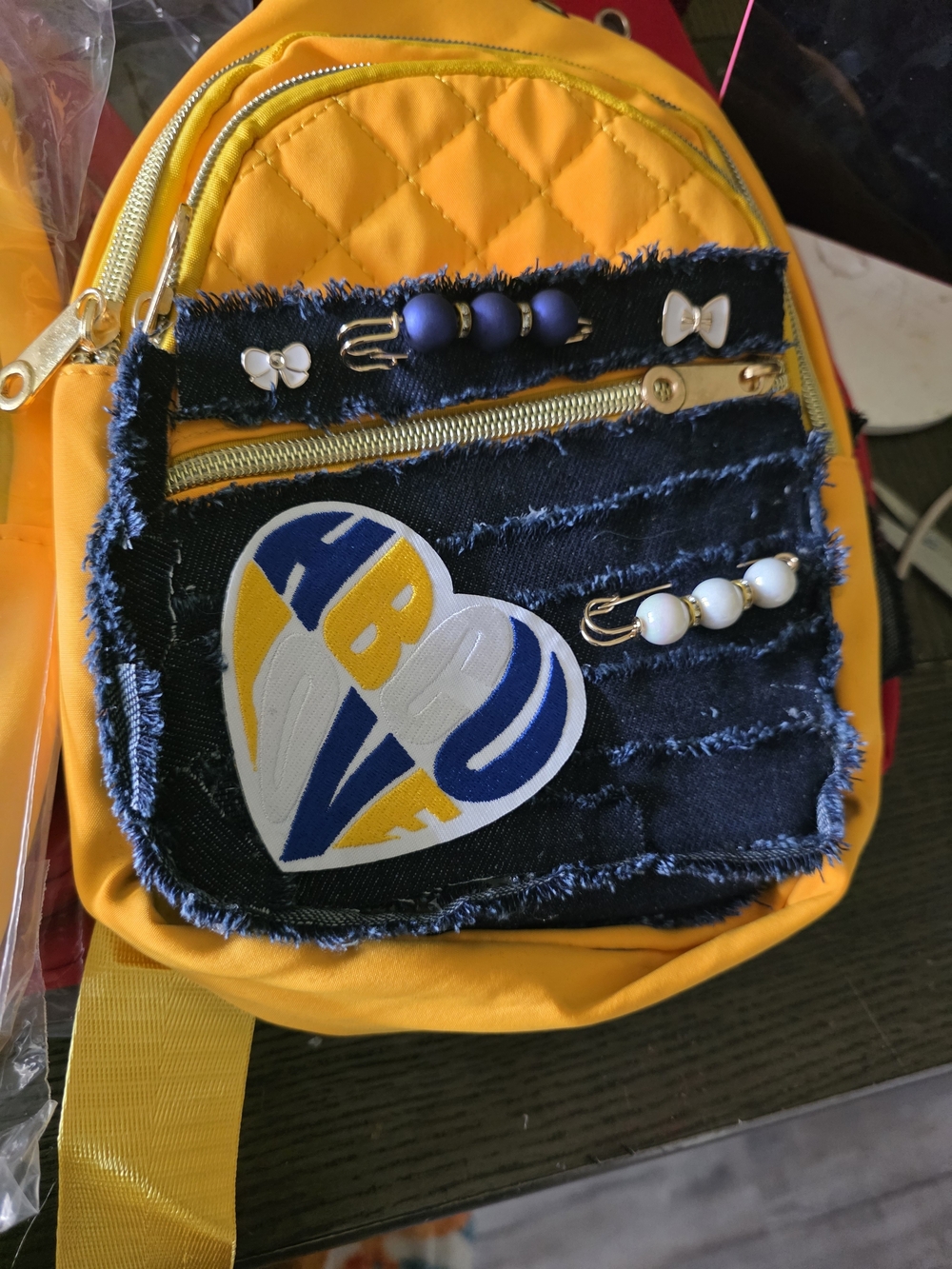Yellow Quilted Women's Mini Backpack with Denim Pocket